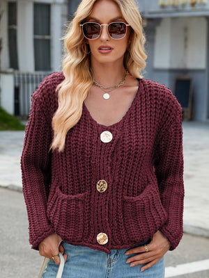Burgundy chunky knit cardigan with gold buttons and pockets