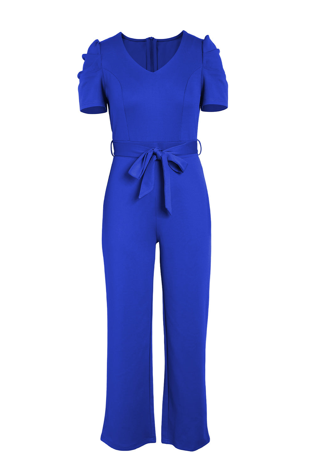 Royal blue jumpsuit with puffed short sleeves, V-neck, and tie waist.