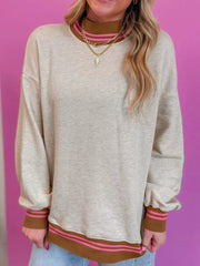 Ribbed Stand Neck Loose Fit Sweatshirt in Light Gray, close-up detail