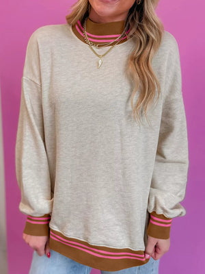 Ribbed Stand Neck Loose Fit Sweatshirt in Light Gray, close-up detail