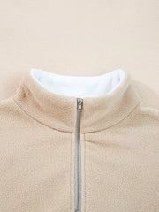 Fleece Colorblock Patchwork Zipped Neck Pullover in Khaki, fit detail