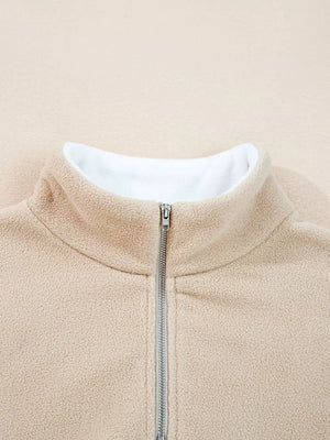 Fleece Colorblock Patchwork Zipped Neck Pullover in Khaki, fit detail