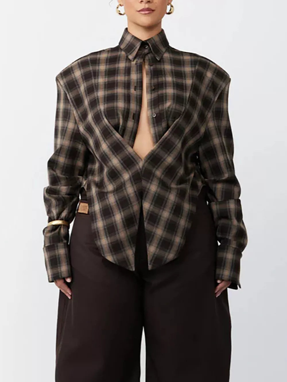 Chic ruched plaid long sleeve shirt with button front and cuffs in brown and tan.