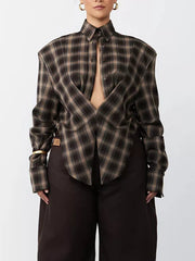 Chic ruched plaid long sleeve shirt with button front and cuffs in brown and tan.