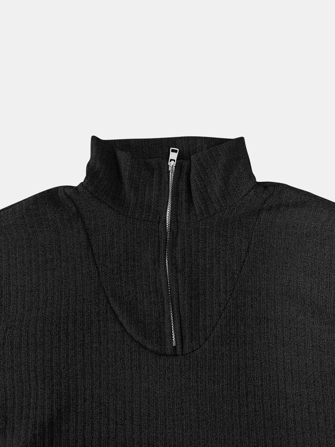 Black ribbed knit quarter-zip pullover sweater with a mock neck and silver zipper.