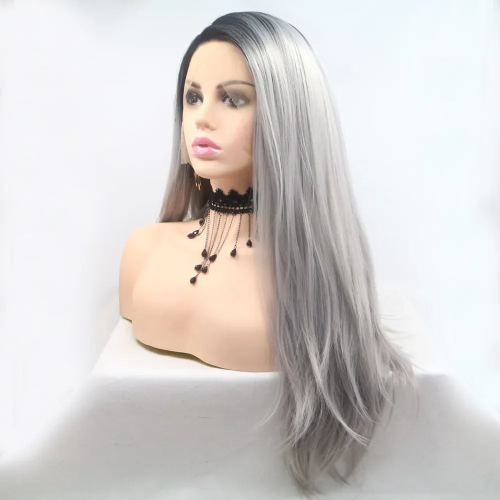Ombre Cascade lace front wig in black and grey, styled straight.