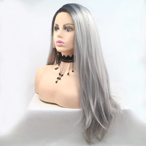 Ombre Cascade lace front wig in black and grey, styled straight.