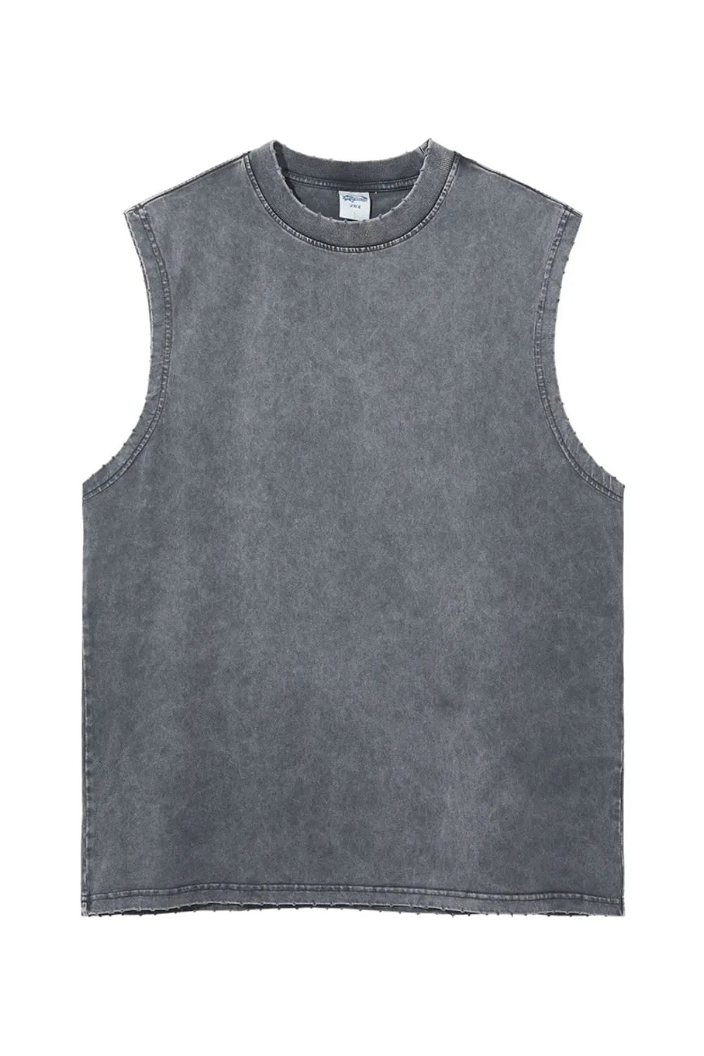 Gray acid wash muscle tank top with raw edges and crew neckline.