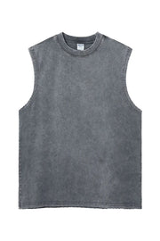 Gray acid wash muscle tank top with raw edges and crew neckline.