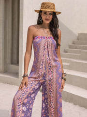 Lilac boho bandeau jumpsuit with wide legs and floral print