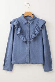Denim ruffle yoke shirt in medium wash cotton with a collar and long sleeves.