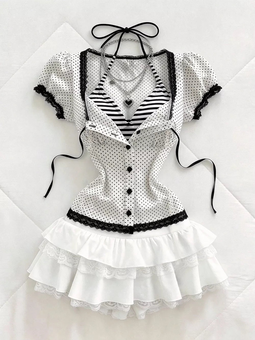 Polka Dot Lace Trim Puff Sleeve Top, model styling view