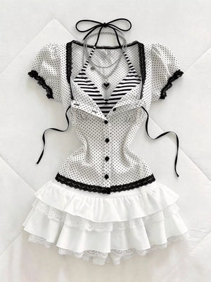 Polka Dot Lace Trim Puff Sleeve Top, model styling view