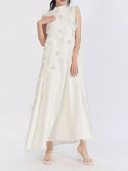 Embroidered Floral Maxi Dress With High Neck