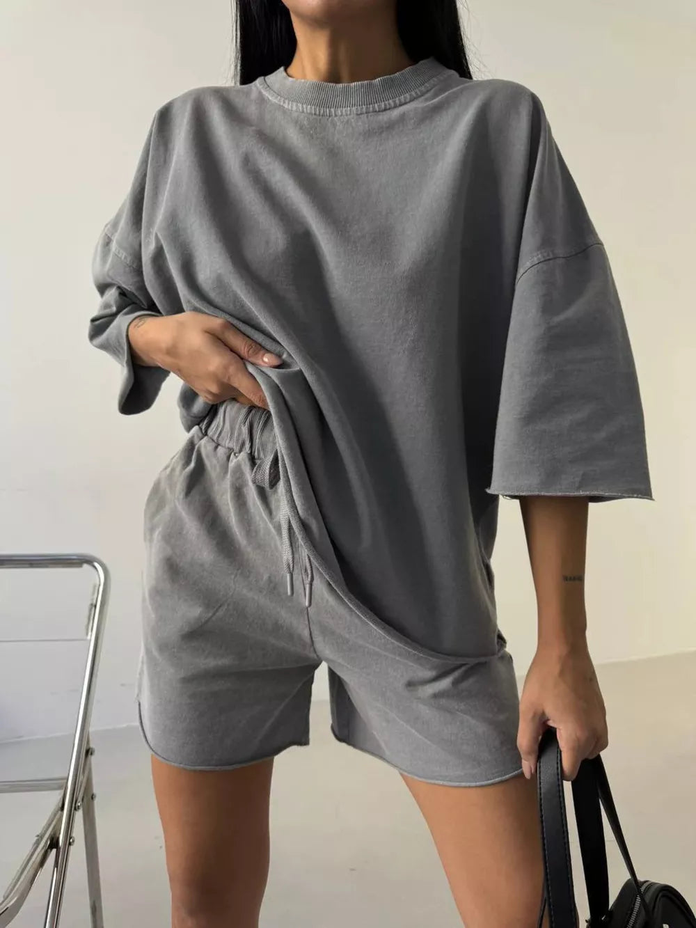 Vintage Wash Oversized Tee And Shorts Set in Coffee Color, front view