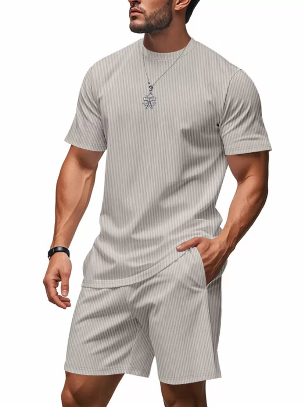 Light Gray striped crew neck t-shirt and shorts set.
