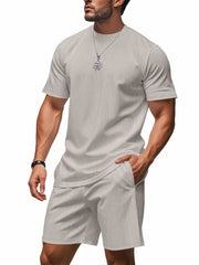 Light Gray striped crew neck t-shirt and shorts set.