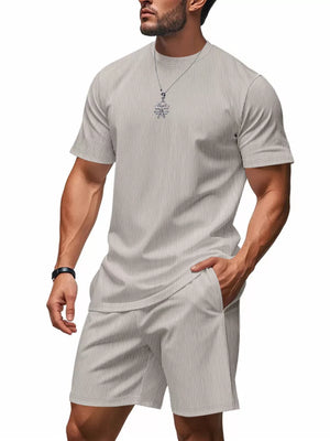 Light Gray striped crew neck t-shirt and shorts set.