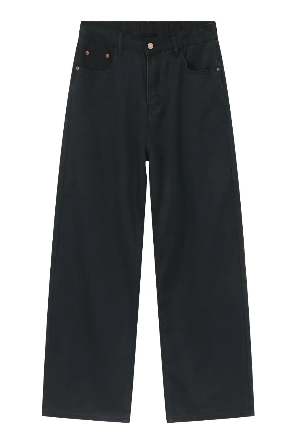 Black denim jeans with a wide leg and front pockets