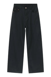 Black denim jeans with a wide leg and front pockets