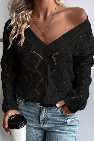 Black openwork knit v-neck pullover sweater with diamond pattern detail.