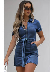 Belted denim shirtdress in light blue with short sleeves and a zip front.