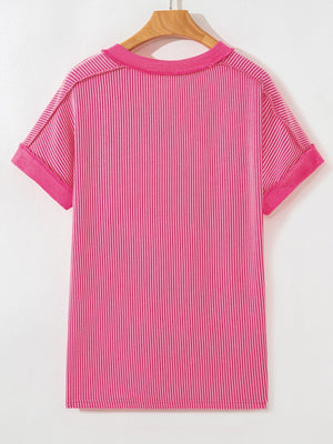 Pink striped tee with cuffed short sleeves and a crew neck.