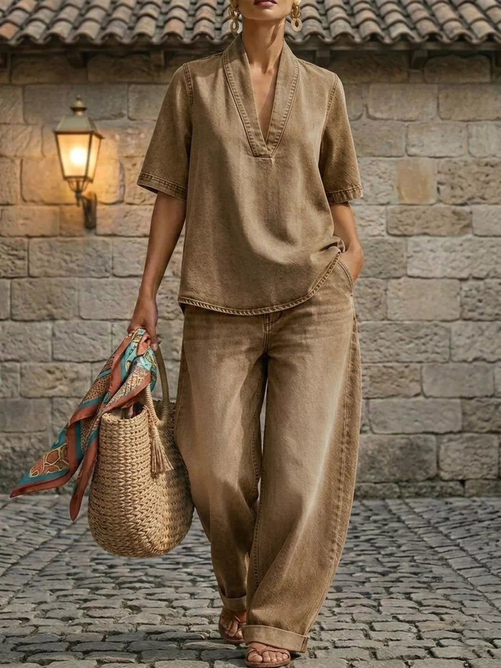 Khaki cotton V-neck top and wide-leg pants set with cuffed ankles and curved hem.