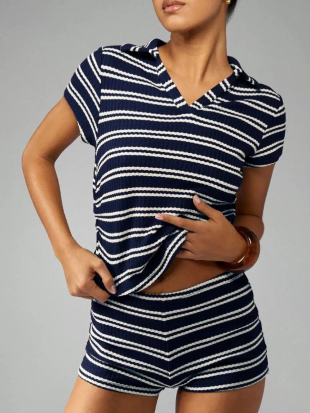 Blue Stripes knit two-piece set with collared v-neck top and striped shorts