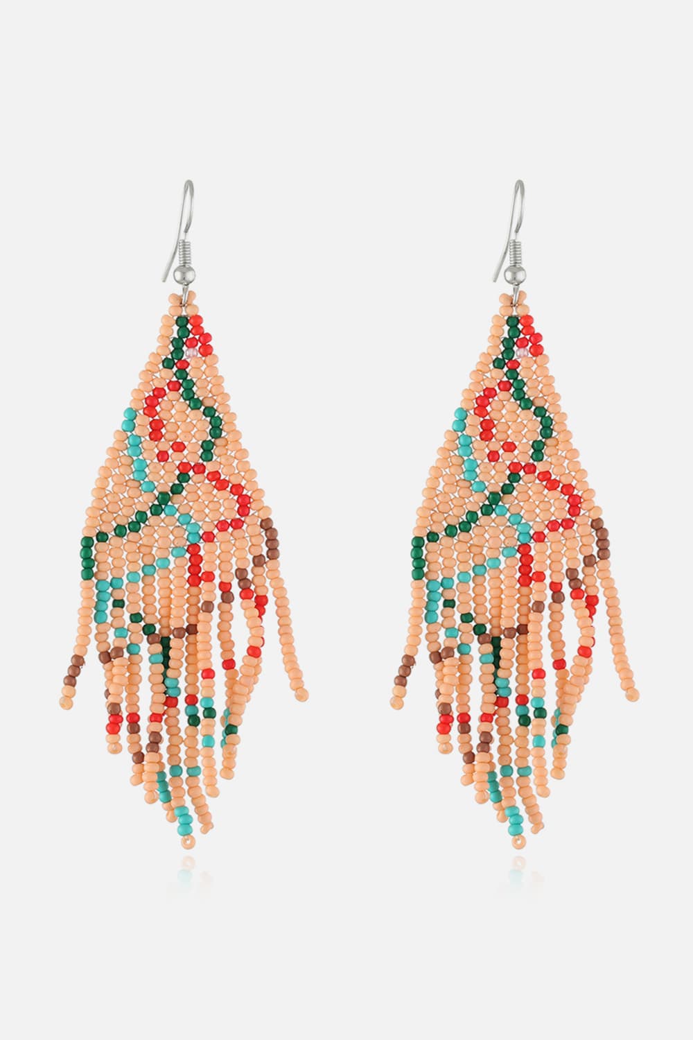 Beaded Christmas tree drop earrings in Style A with fringe detail.