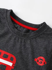 Kids charcoal cotton t-shirt with red bus graphic and red neckline trim.