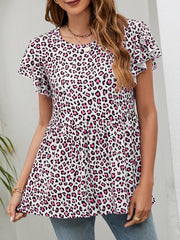 Pink leopard babydoll blouse with flutter sleeves and tiered hem.