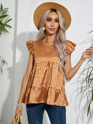 Camel satin babydoll top with leopard print and flutter sleeves