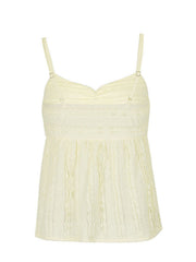 Light yellow textured sweetheart neck cami top with lace trim and adjustable straps.