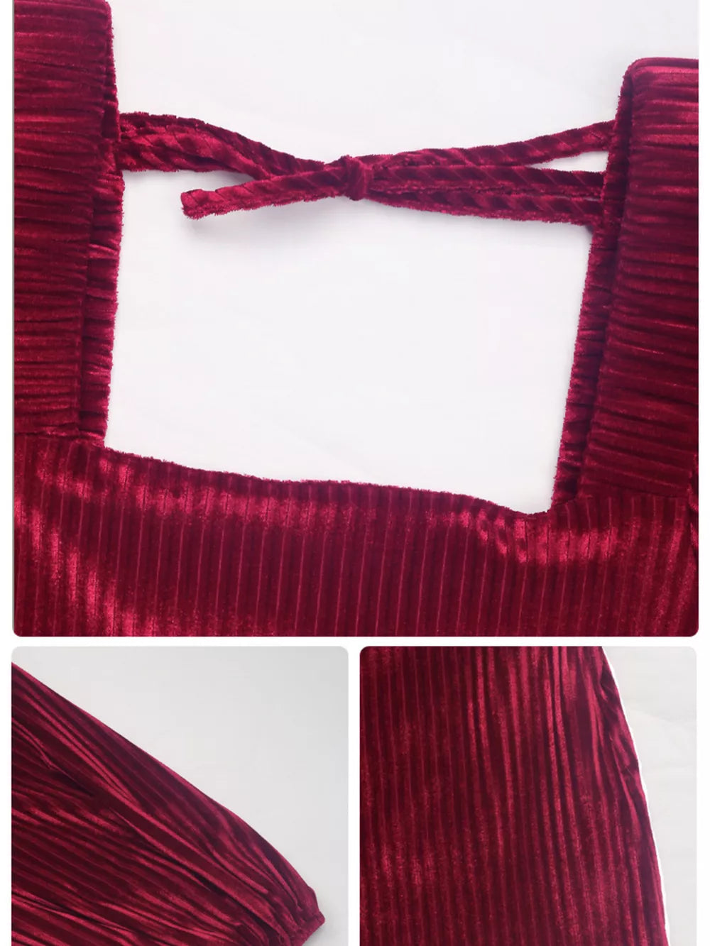 Chic velvet mini dress with square neckline and tie-back detail in dark red.