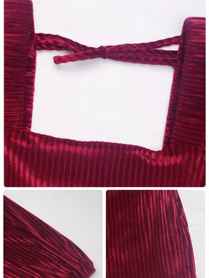 Chic velvet mini dress with square neckline and tie-back detail in dark red.