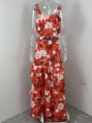 Ruffled floral two-piece set in strawberry red with tiered skirt and crop top.