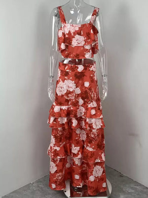 Ruffled floral two-piece set in strawberry red with tiered skirt and crop top.