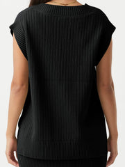 Black ribbed knit V-neck tank sweater with cap sleeves and a textured finish.