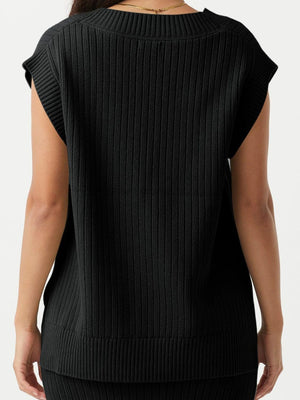 Black ribbed knit V-neck tank sweater with cap sleeves and a textured finish.