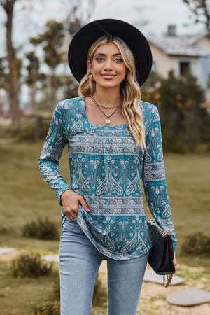 Turquoise paisley print long sleeve blouse with gathered square neck