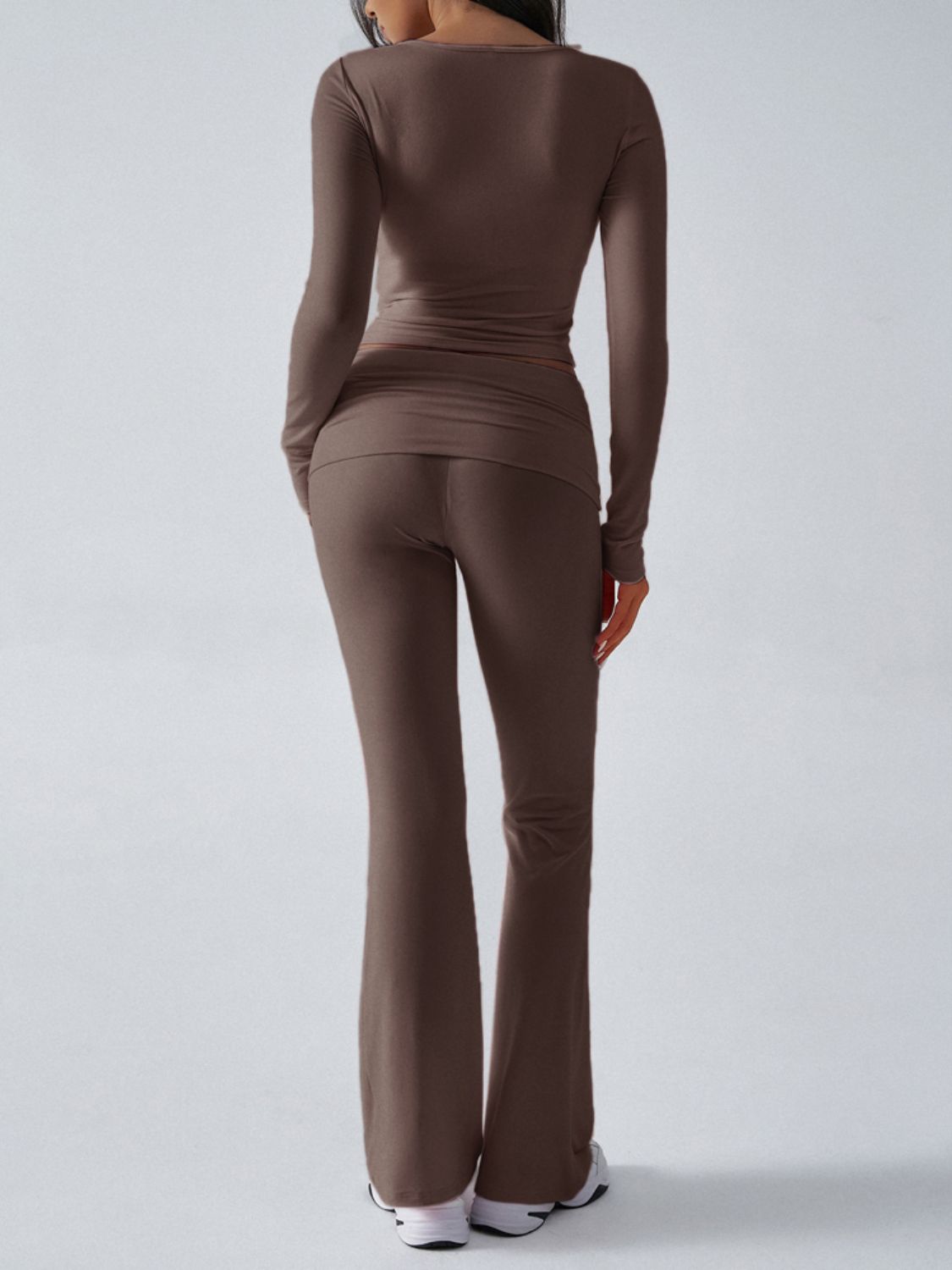 Cross-front long sleeve top and flare lounge pants in Coffee Brown, shown from the back.