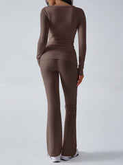 Cross-front long sleeve top and flare lounge pants in Coffee Brown, shown from the back.