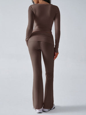 Cross-front long sleeve top and flare lounge pants in Coffee Brown, shown from the back.