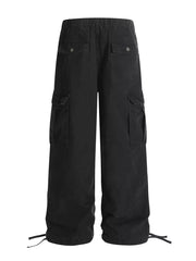 Black cargo pants with adjustable drawstring cuffs and multiple pockets.