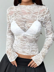 Sheer Lace Long Sleeve Top in Black, model styling view