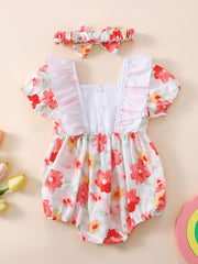 Floral print baby bodysuit with ruffled square neck and matching headband.
