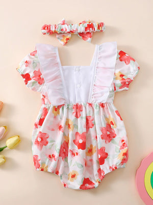 Floral print baby bodysuit with ruffled square neck and matching headband.