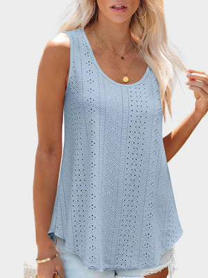 Light Blue eyelet scoop-neck trapeze tank top with a breathable, casual cut.