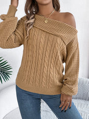 Camel off-shoulder cable knit pullover sweater with asymmetrical neckline and ribbed details.